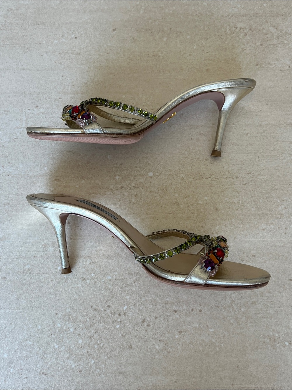 Prada Gold Crystal-Embellished Open-Toe Heels - Picture 5 of 8